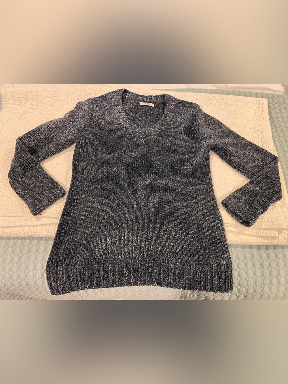Orvis V-Neck Marled Charcoal Sweater Approx Medium Long Tunic Chenille Soft